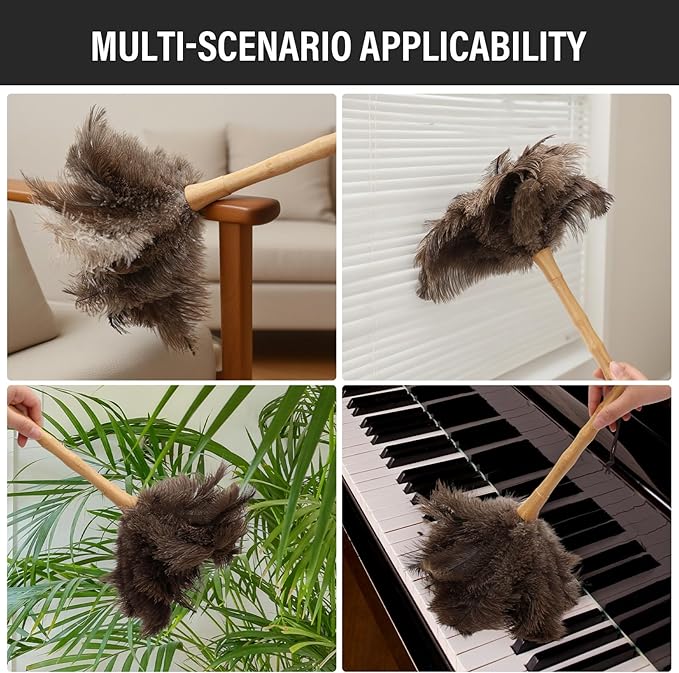DOVORSY Ostrich Feather Duster 16 Inch, Feather Duster for Cleaning Ceilings Furniture Fans with Wooden Handle for Home, Car, and Office Cleaning (16in)