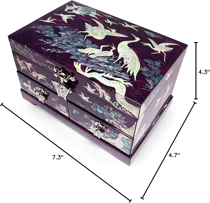 MADDesign Mother of Pearl Lacquered Jewelry Box Two Level Cranes (Purple)