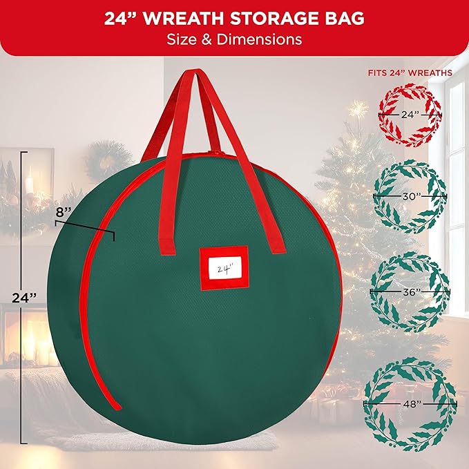 HOLDN’ STORAGE Premium Wreath Storage Bag - Durable Material - Waterproof - Heavy-duty Christmas Storage Container for Xmas Wreath with Dual Zipper Closure, Tear-proof, 24"W x 7"D - Green