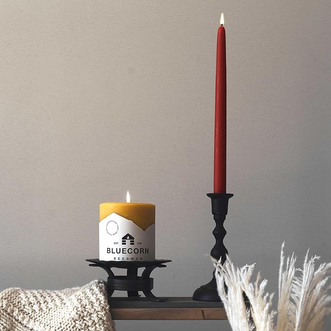 Bluecorn Beeswax Taper Candles, 100% Pure Natural Bees Wax, 12 Inch Pair, Burgundy Candlesticks, Unscented, Clean Burning & Dripless, Long Lasting, Thanksgiving & Christmas Decor, American Made, 1 Ct