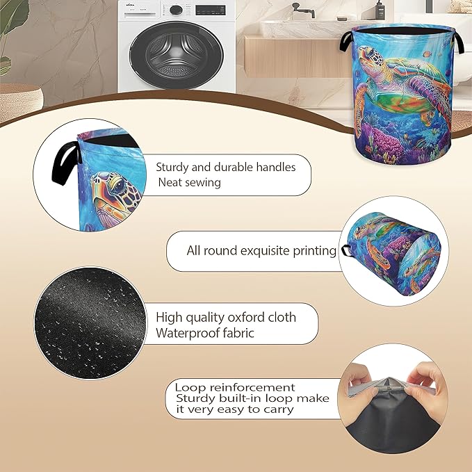 Collapsible Laundry Basket,Sea Turtle Dirty Clothes Hamper,Ocean Fish Coral Hampers for Bedroom Waterproof Oxford Cloth Storage Organizer for Bathroom,Nursery,Dorm,16x20 Inch