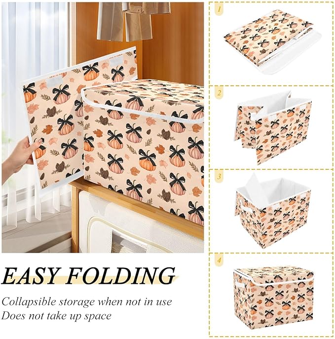 Bolaz Storage Bins with Lids and Handles,Pumpkin Black Bows Leave Pattern Storage Box Basket with Cover Collapsible Organizer Containers for Home Closet, Shelves