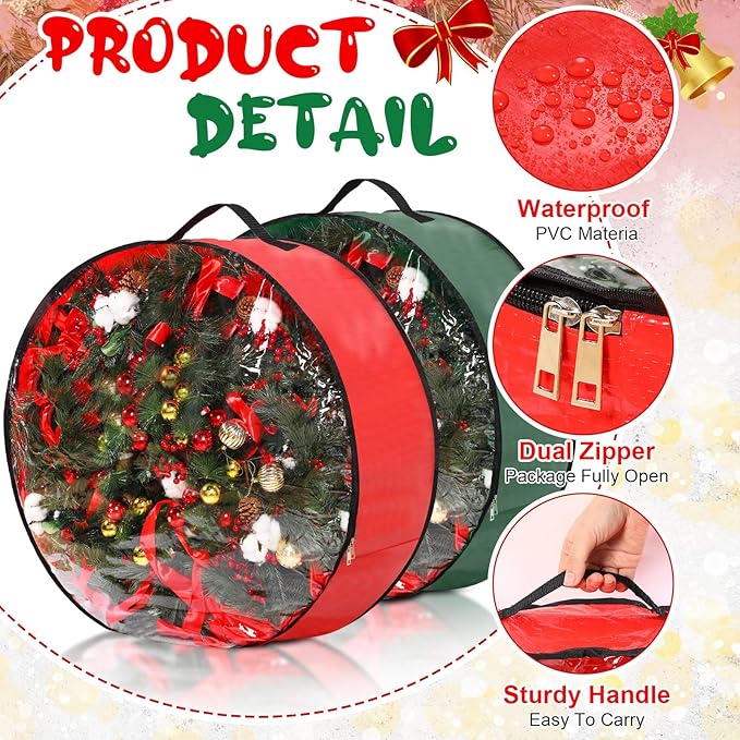 Aliceset 4 Pack Wreath Storage Containers, Christmas Ornament Garland Wreath Storage Bags with Handle Dual Zipper Large Decorative Storages Box for Winter Wreaths(24 x 24 x 7.8 Inch,Red, Green)