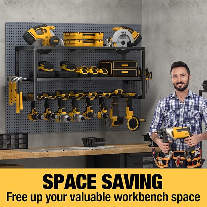 YYR Heavy Duty Power Tool Organizer Wall Mount, Cordless Drill Hanger Storage Rack, Battery Tools Holder with Charging Station Shelf for Garage Organization, Workshop, Pegboard, Shed - 32 Inch 8 Slots