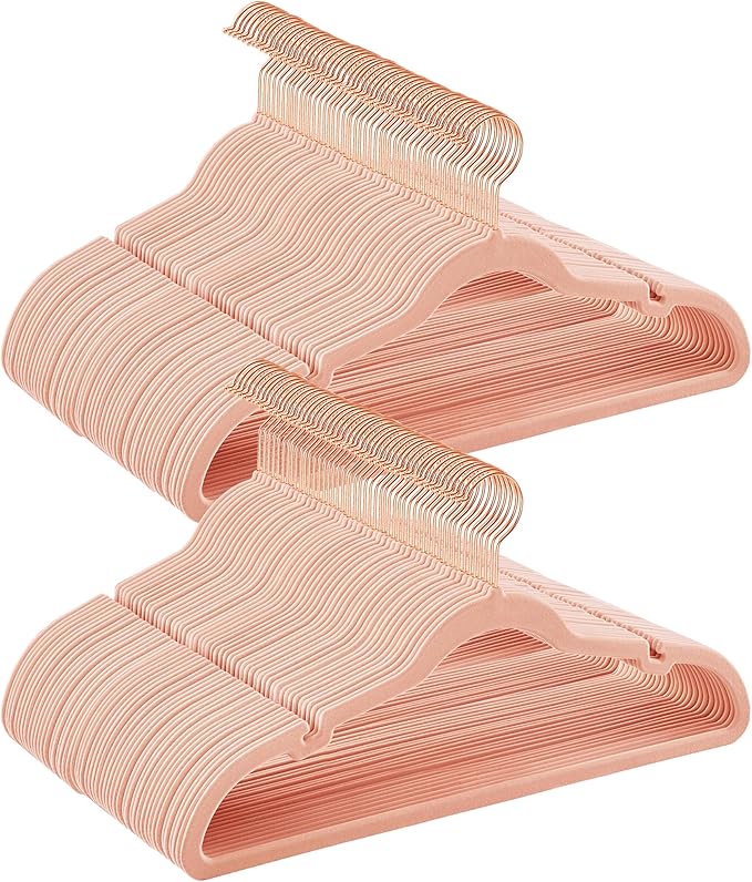 SONGMICS Velvet Hangers 100 Pack, Non-Slip Clothes Hangers with Shoulder Notches, Pants Bar, 360° Swivel Hook, Space-Saving, for Closet, Jelly Pink UCRF029R100