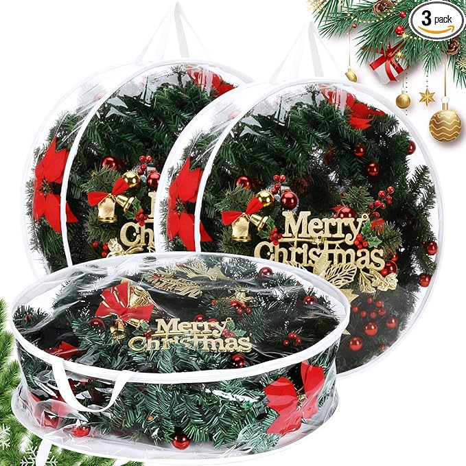 Zhengmy 3 Pcs 24 Inch Christmas Wreath Storage Bags transparent Wreath Storage Container Bulk Wreaths Box with Dual Zippers and Handles for Xmas Holiday Wreaths Garland