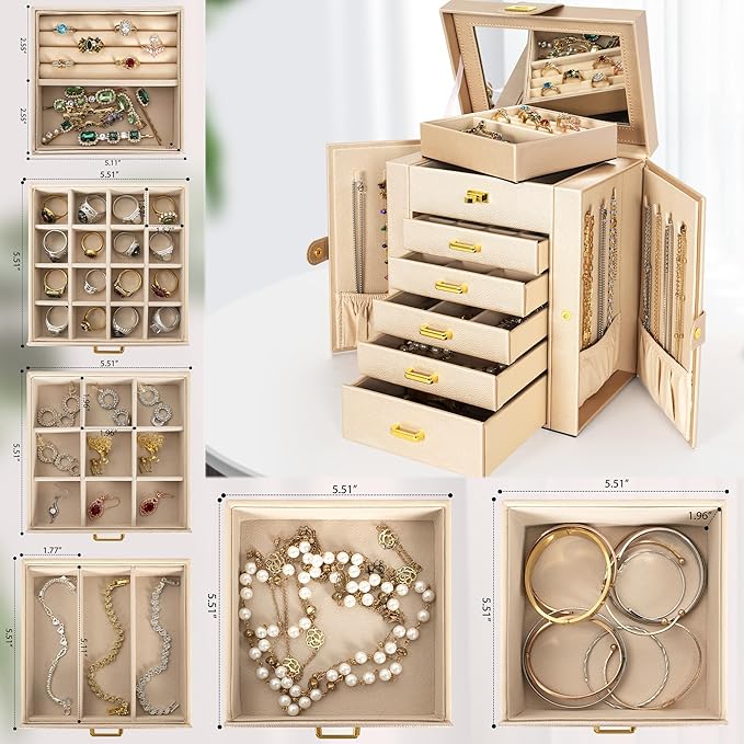 AKOZLIN 6-Tier Jewelry Box Organizer Functional Leather Jewelry Storage Case for Women Girls Ring Necklace Earring Bracelet Holder Organizer with Mirror
