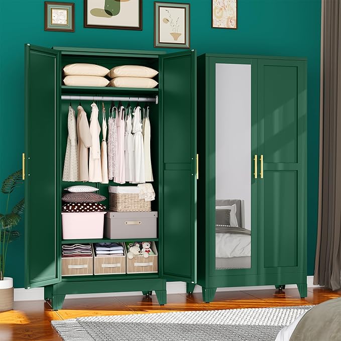 71" Metal Armoire Wardrobe Closet, Steel Clothing Storage Cabinet with Mirror and Adjustable Shelves, Household Steel Wardrobes Storage Cabinet with Adjustable Standing Feet and Hanging Rod（Green）