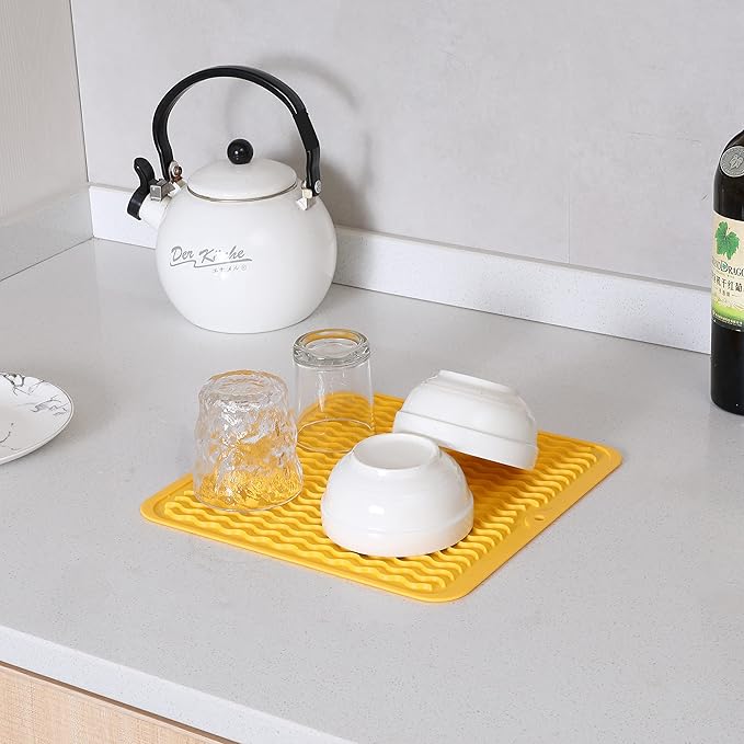 MicoYang Silicone Dish Drying Mat for Multiple Usage,Easy clean,Eco-friendly,Heat-resistant Silicone Mat for Kitchen Counter or Sink,Refrigerator or Drawer liner Yellow M 12 inches x 12 inches