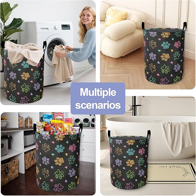Colorful Paw Print Laundry Hamper Large Canvas Fabric Lightweight Storage Basket/Dirty Clothes Collapsible Waterproof for College Dorms, Boys and Girls Bedroom,Bathroom