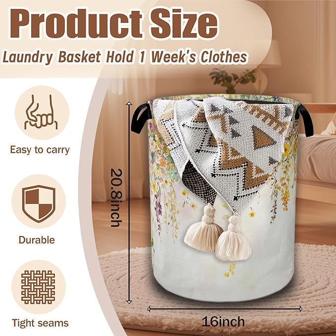 Colorful Flowers Laundry Basket,Watercolor Plants Laundry Hamper Waterproof Oxford Cloth Tote Collapsible,Clothes Storage Bucket Decorative Toy Organizer For Bathroom Bedroom 16" x 20.8"