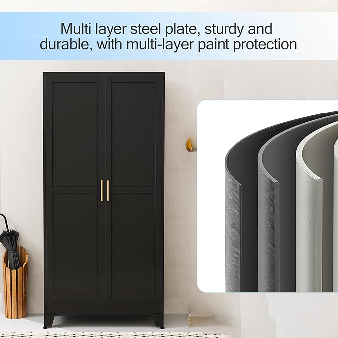 71 "Metal Armoire Wardrobe Closet, Steel Clothing Storage Cabinet with Adjustable Shelves and Hanging Rod, Household Steel Wardrobe Storage Cabinet with Adjustable Standing feet（Black）