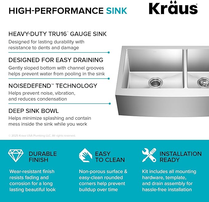 KRAUS Standart Pro 33-Inch Apron Front Farmhouse 16-Gauge 60/40 Double Bowl Stainless Steel Kitchen Sink, KHF203-33