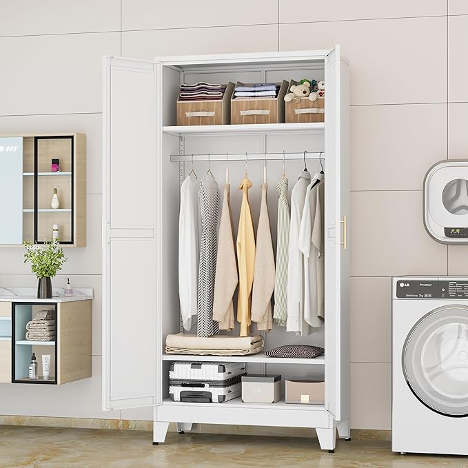 71 "Metal Armoire Wardrobe Closet, Steel Clothing Storage Cabinet with Adjustable Shelves and Hanging Rod, Household Steel Wardrobe Storage Cabinet with Adjustable Standing feet (White)