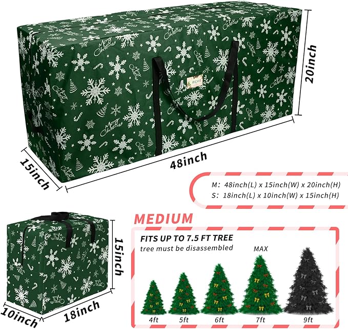 Christmas Tree Storage Bag 7.5 ft (3pc Set), 600D Oxford Tear-proof Xmas Tree Bag, Fits Up to 7 Foot Artificial Trees, Reinforced Handles&Zippered&Durable, Holiday Decoration Storage Bag, Green