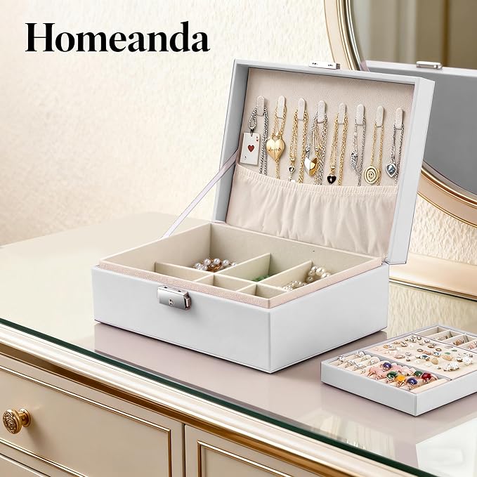 Homeanda Jewelry box 2 layer Jewelry box Leather Jewelry boxes for Women Girls Teens Jewelry organizer box Jewelry Storage box with lock(White)