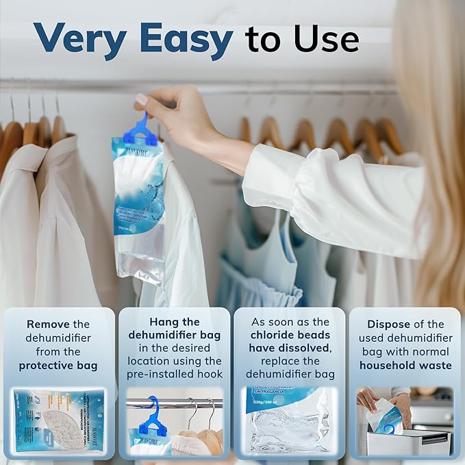 MAVORI Hanging Moisture Absorber Bags, Dehumidifier Bags for Closet, Wardrobe and Laundry Room, Reduce Moisture, Odors, and Dampness, Long-Lasting Humidity Control, 16.9 oz per Bag (Pack of 10)