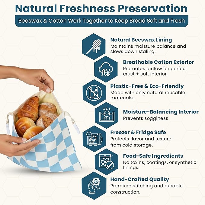 Buzzy Bags 3-Pack Reusable Beeswax Bread Bags (XL, M, S) - Organic Cotton Beeswax Bread Storage Bag for Homemade Bread & Sourdough Freezer-Safe, Breathable & Freshness Support - Eco-Friendly Bread Bag