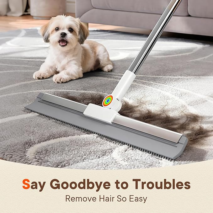 Floor Squeegee for Water & Pet Hair, Silicone Squeegee with 62" Long Handle, Includes 2 Cleaning Cloths, Squeegee for Concrete Floors, Garage, Bathroom Tile, Shower Glass, Carpet, Deck & Hardwood