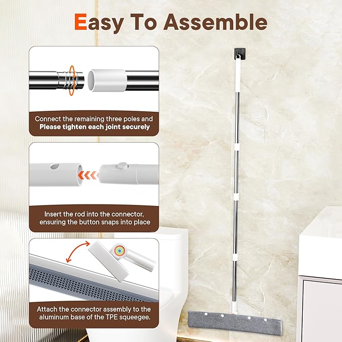 Floor Squeegee for Water & Pet Hair, Silicone Squeegee with 62" Long Handle, Includes 2 Cleaning Cloths, Squeegee for Concrete Floors, Garage, Bathroom Tile, Shower Glass, Carpet, Deck & Hardwood