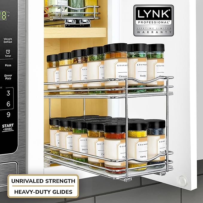LYNK PROFESSIONAL® Pull Out Spice Rack Organizer for Inside Kitchen Cabinets - 6-3/8 inch Wide - Slide Out Drawer – Chrome Sliding Spice Cabinet Organization Shelf Racks - 2 Tier