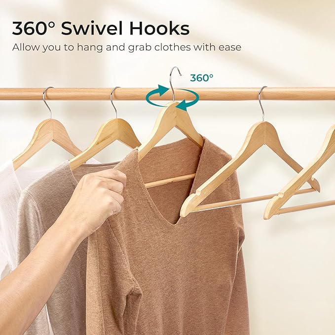 HOUSE DAY Premium Wooden Coat Hangers 50 Pack, Heavy Duty Solid Wood Clothes Hangers with 360° Swivel Hook & Pant Bar for Jackets, Dress, Shirts, Natural Wood Suit Hanger for Closet Organizer