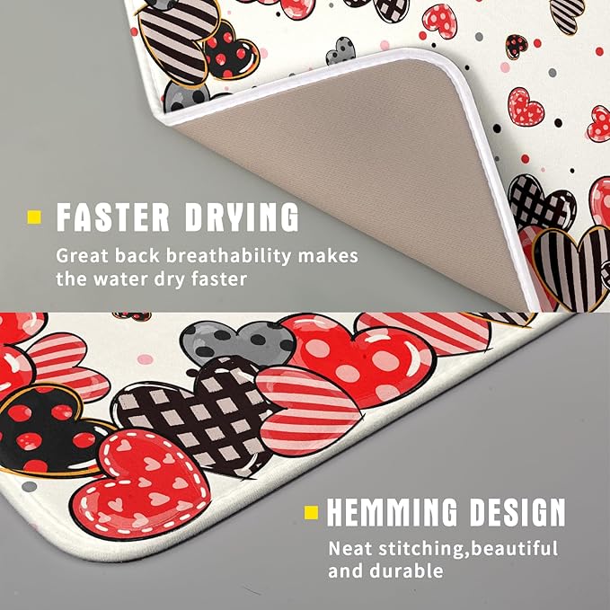 Red Heart Dish Drying Mat 16"x18" Love Dots Microfiber Dish Drainer Rack Mat Holiday Absorbent Fast Dry Pad for Kitchen Counter Home Decor