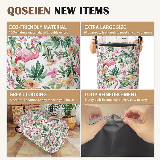 Pink Flamingo Laundry Basket,Floral Plam Collapsible Laundry Baskets with Handles,Waterproof Oxford Cloth Storage Basket 16"x20" for Bathroom/Bedroom/Dormitories