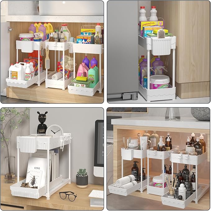 Sevenblue 3 Pack Under Sink Organizers, 2-Tier Multi-Use Kitchen and Bathroom Organizers and Storage with Sliding Drawers，Bathroom Cabinet Organizer (White, 12.8 Inch)