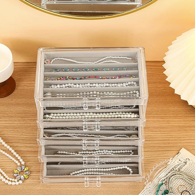 5 Drawerss Necklace Organizer Box, Tray with Clear Lid, Dustproof Velvet Necklaces Holder Storage Display Case, Gery Necklace Tray Drawer Insert for Pendant Suitable for Women and Girls (25 grids)