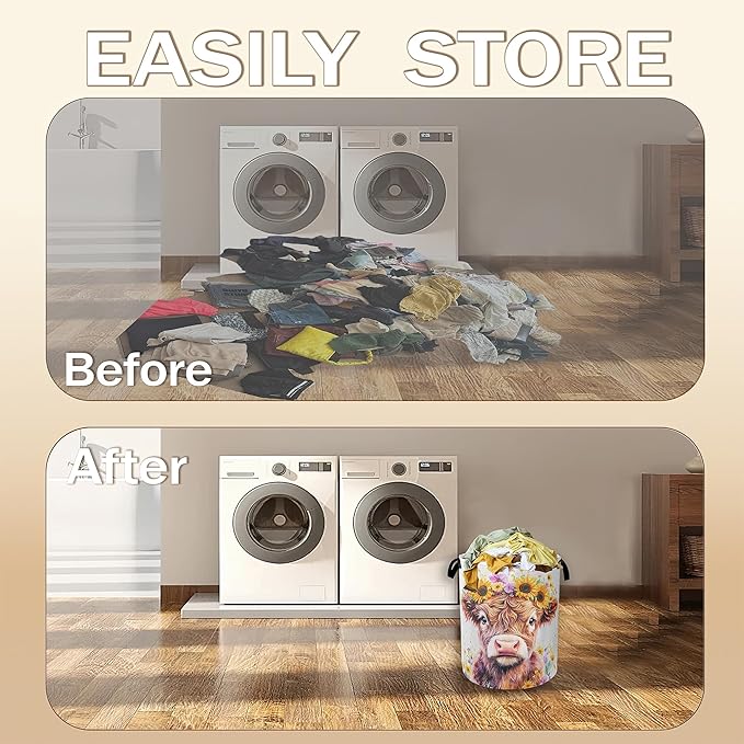 Collapsible Laundry Basket,Cute Highland Cow Dirty Clothes Hamper,Watercolor Flowers Hampers for Bedroom Waterproof Oxford Cloth Storage Organizer for Bathroom,Nursery,Dorm,16x20 Inch