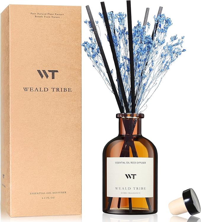 WEALD TRIBE Flower Reed Diffuser Set Ocean Mist & Sea Salt Scent for Bathroom Air Fresheners | 4.0 fl oz Essential Oils with Sticks Home Fragrance Defusers | House Bedroom Office Shelf Decor & Gift