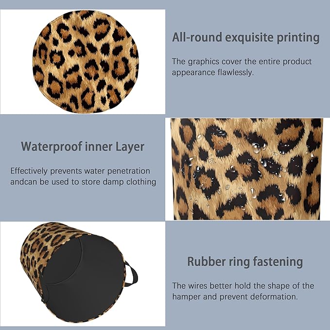 Brown Leopard Laundry Basket,Foldable with Handles Tote Bag Oxford Cloth for Bathroom Bedroom Dirty Clothes Storage Bucket 16" x 20.8"