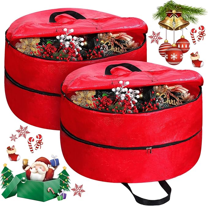 Hoolerry Double Layer Christmas Wreath Storage Container Bags Double Wreath Storage Container Zippered Bag with Handle Festive Storage Box Storage for Xmas Garlands, Red(2 Pcs,30 Inch)