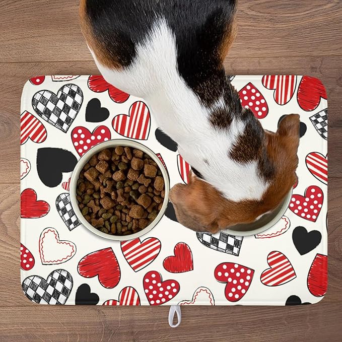 Valentines Day Dish Drying Mat for Kitchen Counter 24x18 Inch Red Heart Drying Mat with Absorbent Reversible Microfiber Holiday Love Dish Drainer Mats Rack Pad for Coffee Countertop Protector