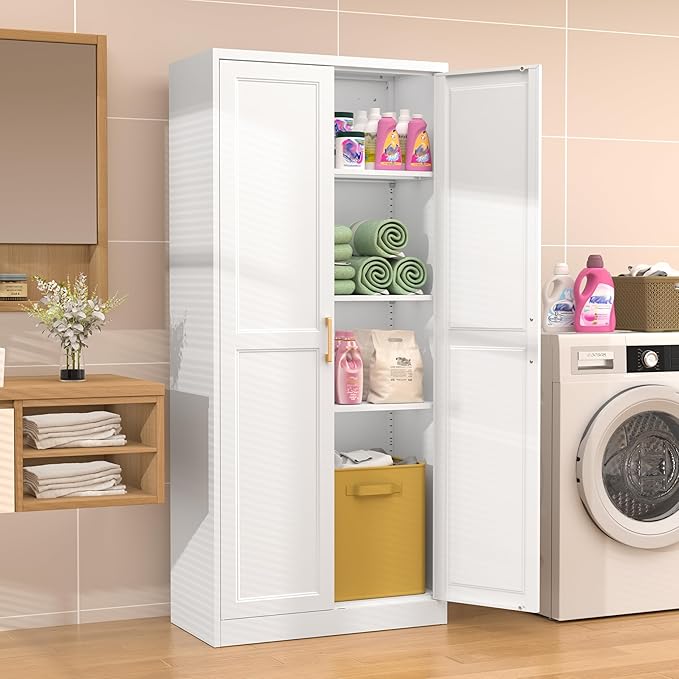71" Kitchen Pantry Storage Cabinet,White Tall Storage Cabinet With Doors and 4 Shelves,Metal Food Pantry Cabinets for Kitchen Storage,Freestanding Cupboard for Dining Living Room,Assemble Required