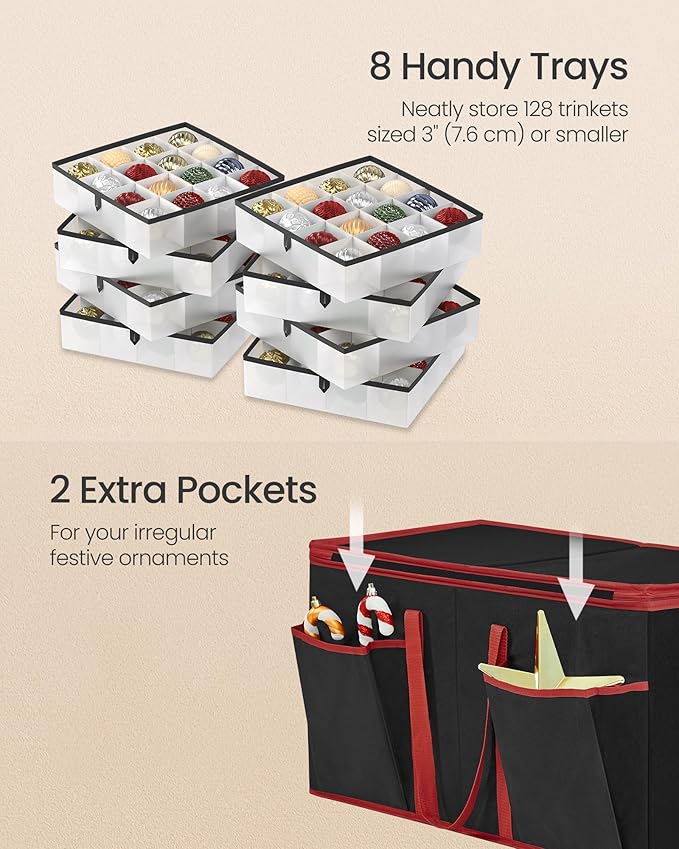 SONGMICS Christmas Ornament Storage Box, Dual Zippers, Stackable Christmas Storage Container with Lid, 8 Trays, 600D Oxford, 3-Inch 128 Slots, Ink Black URFB035B01