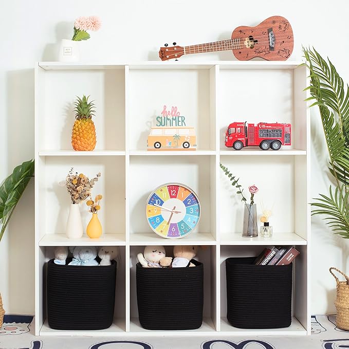 MINTWOOD Design 3-Pack 11x11 Inch Cube Storage Bin, Woven Organizer, Closet Cute Square Bins, Decorative Classroom Bathroom Pantry and Shelf Baskets, Full Black (MD-196)