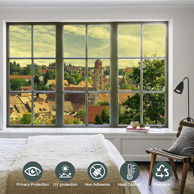Window Privacy Film One Way Daytime Mirror Tint Treatments UV Heat Control Vinyl Stickers Sun Block Glass Paper Door Covering Reflective,Gold Silver,17.5 Inch x 7.8 Feet