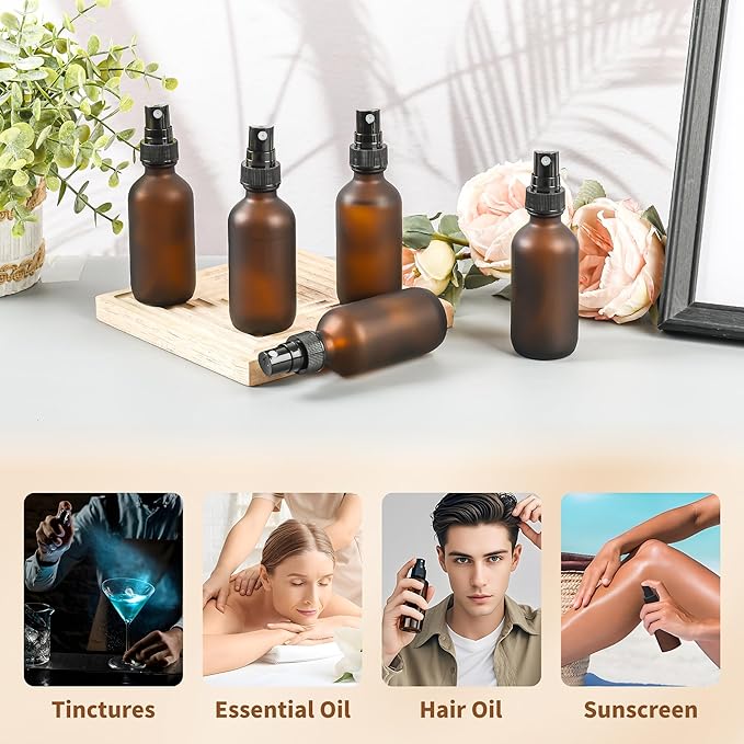 BILLIONSTARS 48 Pack 2oz Glass Boston Round Bottle with Fine Mist Sprayer - Amber Frosted - Essential Oils, Bath, Beauty, Hair & Cleaning - Leakproof Travel Bottles