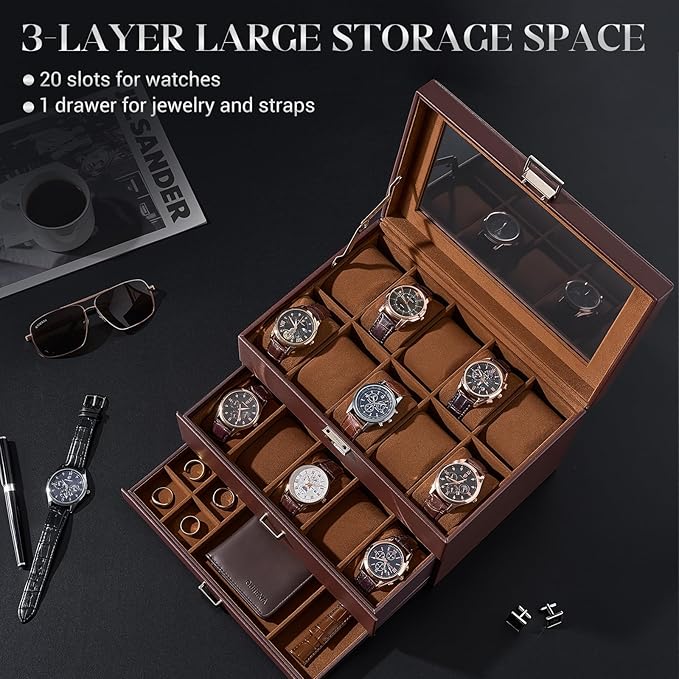ProCase 20 Slot Watch Box for Men, 3-Layer Watch Display Case with Glass Lid, Watch Holder with Drawer, Jewelry Storage Organizer for Watches Straps Rings -Brown