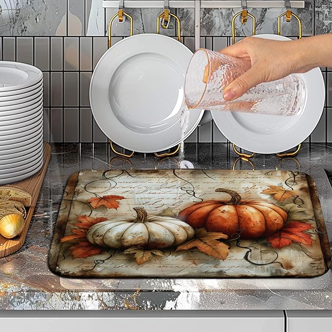 Fall Dish Drying Mat 16x18 Vintage Autumn Pumpkin Maple Leaf Drying Mat for Kitchen Counter Reversible Microfiber Drying Dish Pad Super Absorbent Dish Drainer Rack Mat for Home Coffee Bar Decoration