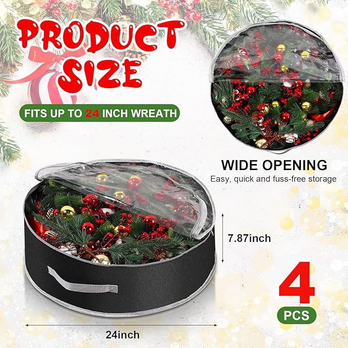 Aliceset 4 Pack Wreath Storage Containers, Christmas Ornament Garland Wreath Storage Bags with Handle Dual Zipper Large Decorative Storages Box for Winter Wreaths(24 x 24 x 7.8 Inch,Black)