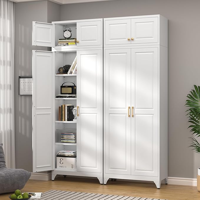 90” Tall Kitchen Pantry Cabinet,Metal Storage Cabinet with Doors and Adjustable Shelves,Modern Kitchen Hutch Cabinets,Freestanding Cupboard for Living Room