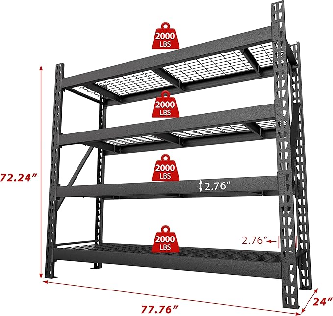 BlueWish 8000LBS 78 "W x 24 "D x 72 "H Garage Shelving Heavy Duty Storage Shelves, 4-Tier Adjustable Storage Shelves, Iron Industrial Shelving for Warehouse Basement, Black