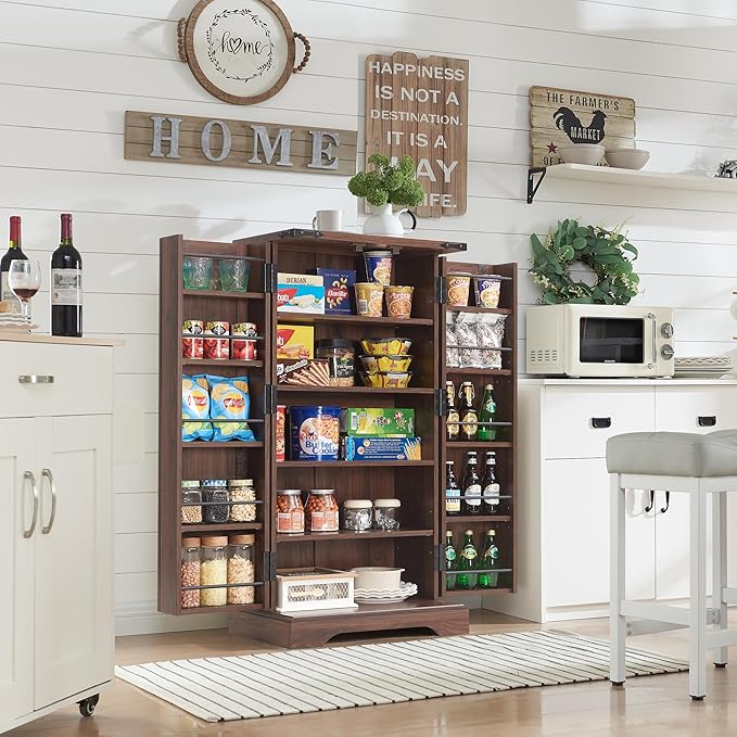 ACCOHOHO 47" Kitchen Pantry, Farmhouse Storage Cabinet with Barn Doors, Organizer and Adjustable Shelves, Rustic Wood Cupboard for Kitchen, Dining Room, Bathroom and Hallway, Brown