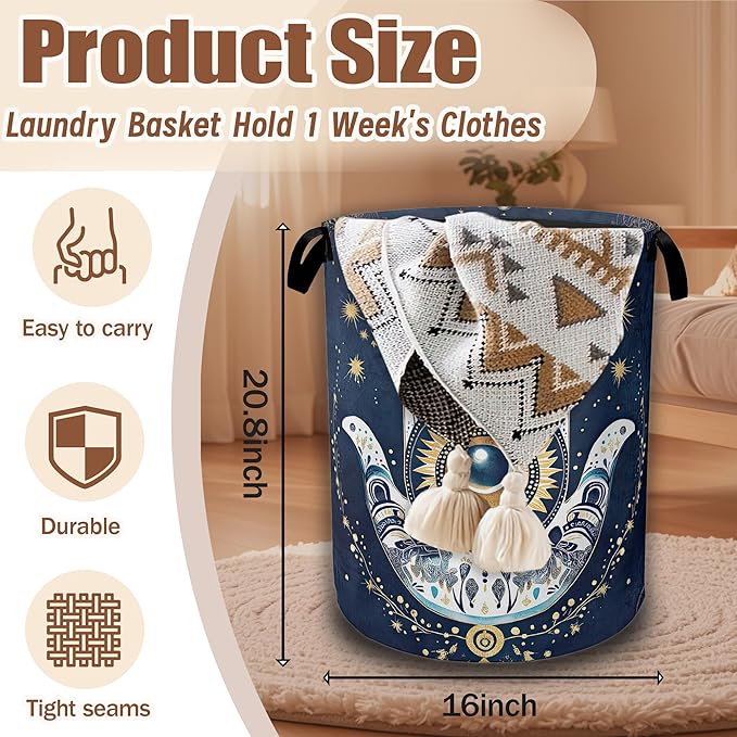 Blue Bohemia Evil Eye Laundry Baskets,Laundry Hamper,Storage Basket with Handles for Bathroom Bedroom College Dormitory Living Room Nursery Organizer 16"x20.8"