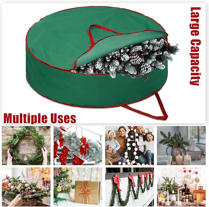 1 Pcs 60" Christmas Wreath Storage Bag Zippered Garland Holiday Container with Reinforced Handle Tear Resistant 600d Oxford Organizer Wreath Holder with Card (Green)