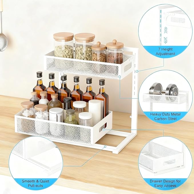 UINOFLE Under Sink Organizer, Adjustable Height 2 Tier Under Sink Organizers and Storage Multi-Purpose Under Sink Storage for Bathroom Kitchen