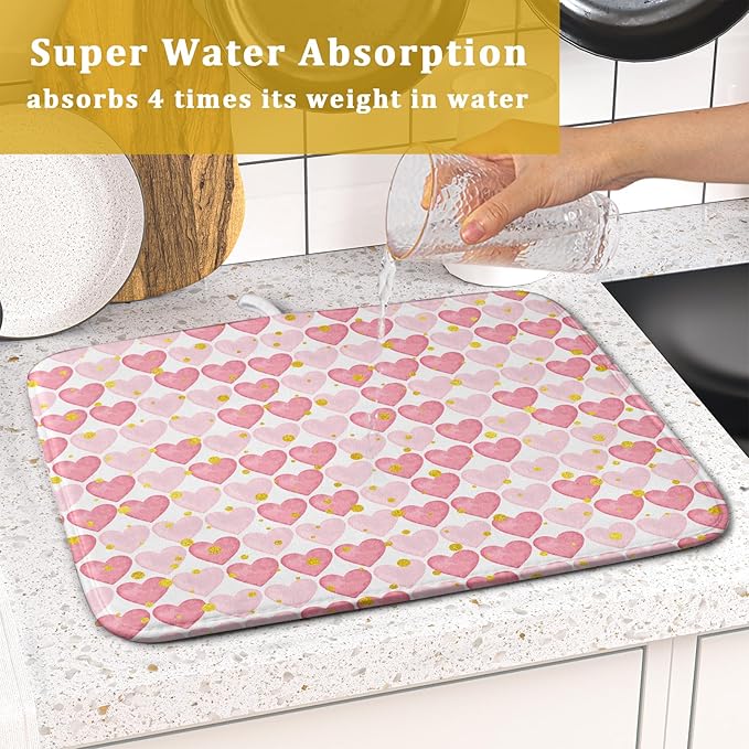 Valentines Day Dish Drying Mat for Kitchen Counter 18x16 Inch Love Drying Mat with Absorbent Reversible Microfiber Golden Pink Heart Dish Drainer Mats Rack Pad for Coffee Countertop Protector